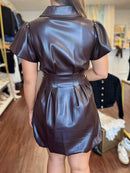 Coffee Vegan Leather Cinched Waist Mini Dress | Flutter Sleeve Zip Front