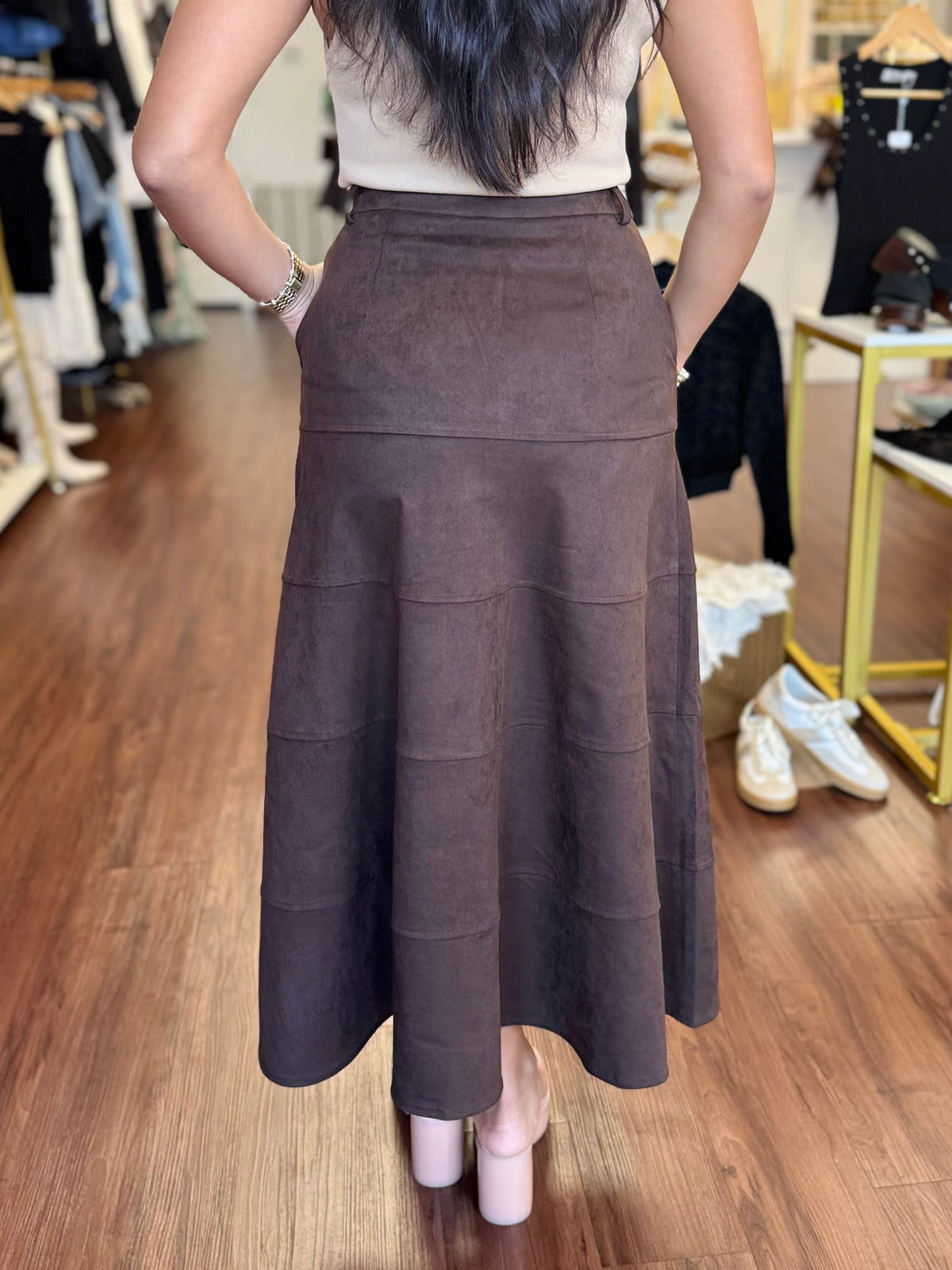 Coffee Faux Suede Tiered Midi Skirt | High Waist A-Line Skirt