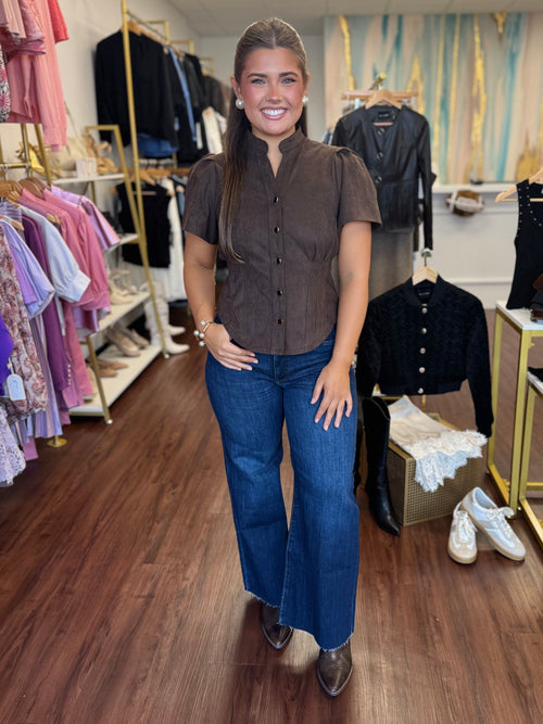 Coffee Faux Suede Corset Waist Top | Flutter Sleeve Mandarin Collar Blouse