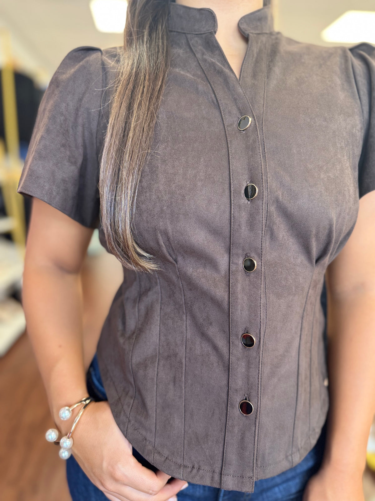 Coffee Faux Suede Corset Waist Top | Flutter Sleeve Mandarin Collar Blouse