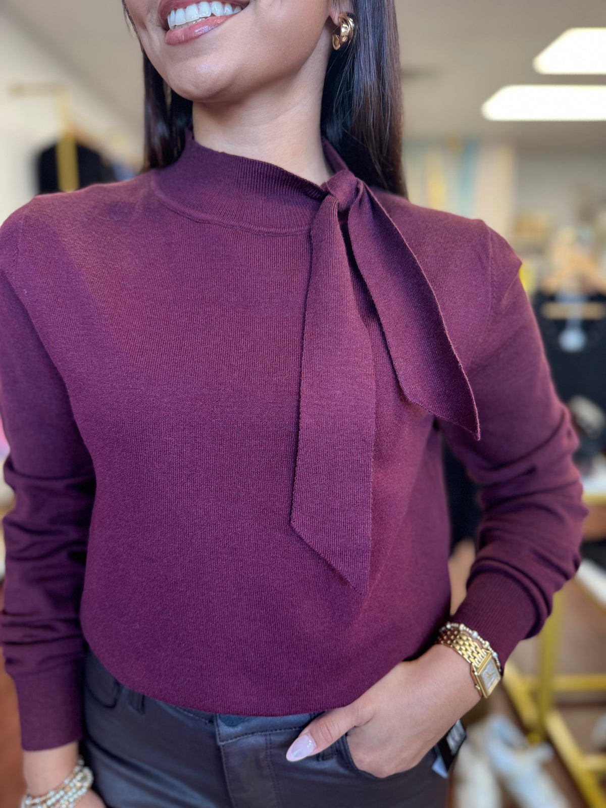 Fine Knit Sweater with Bow Shoulder Detail | Molly Bracken | Black or Burgundy