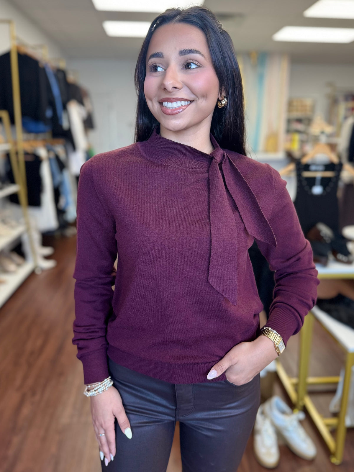 Fine Knit Sweater with Bow Shoulder Detail | Molly Bracken | Black or Burgundy
