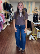 Coffee Faux Suede Boxy Cropped Top | Short Sleeve Crew Neck Tee