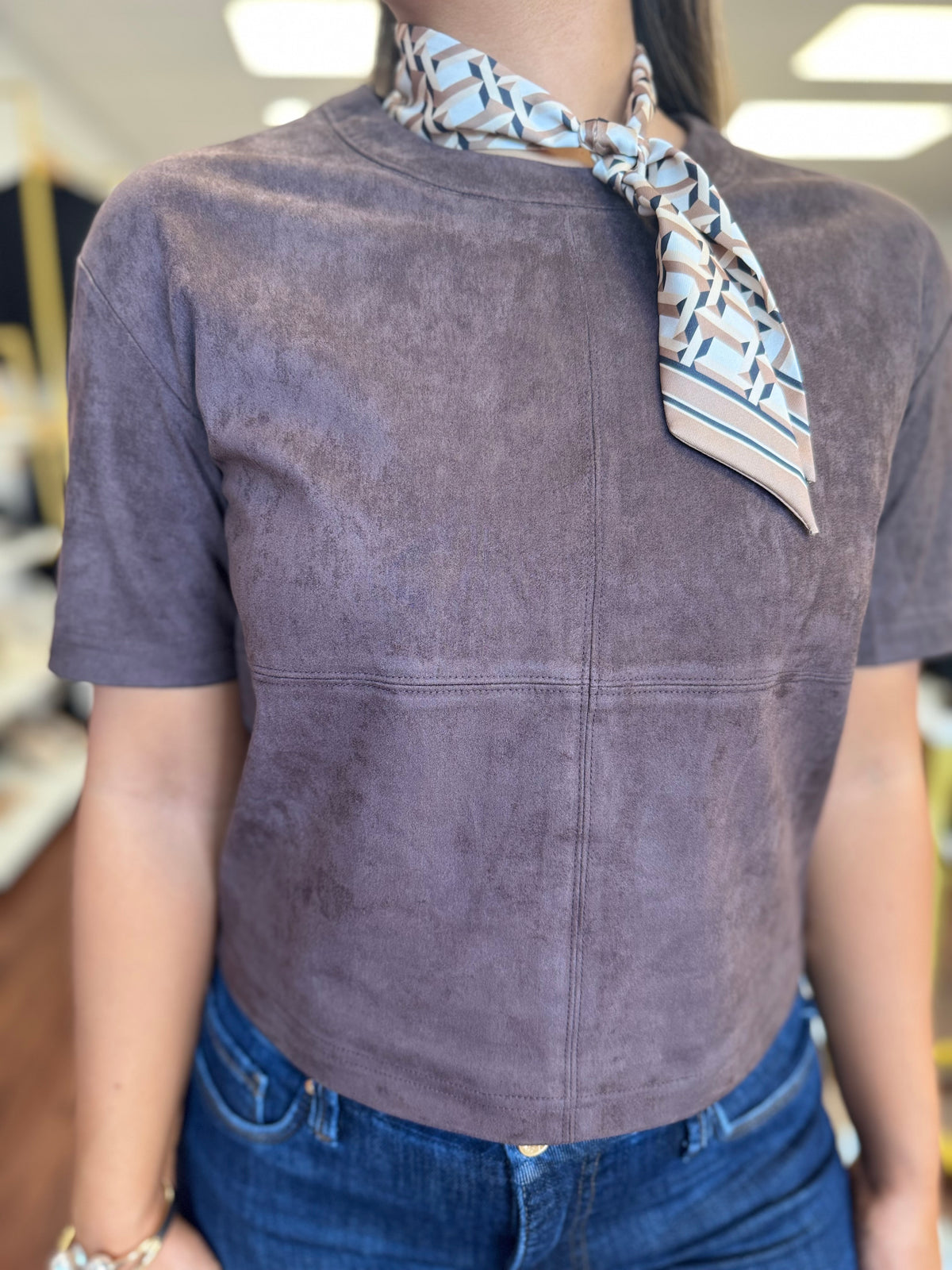Coffee Faux Suede Boxy Cropped Top | Short Sleeve Crew Neck Tee