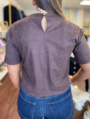 Coffee Faux Suede Boxy Cropped Top | Short Sleeve Crew Neck Tee