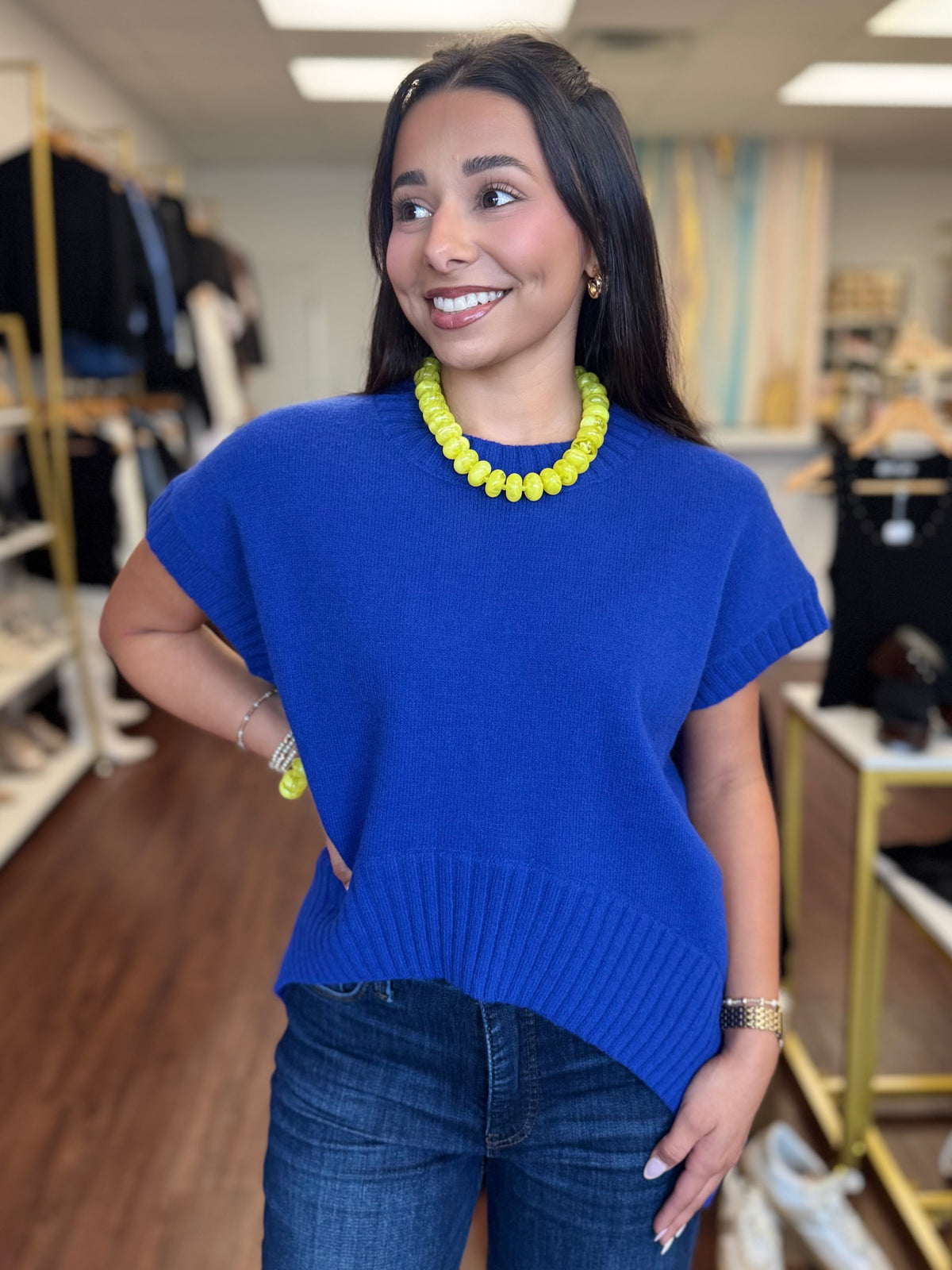 Electric Blue Short Sleeve High Low Sweater
