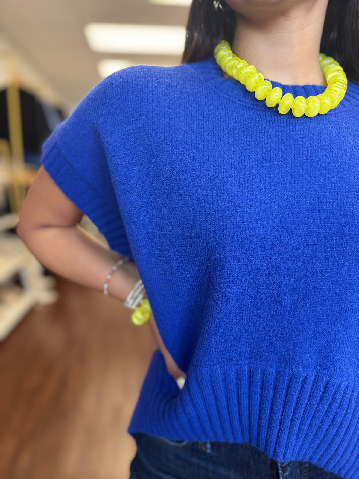 Electric Blue Short Sleeve High Low Sweater