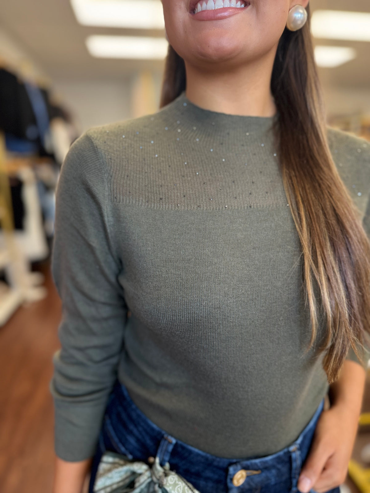 Long Sleeve Knit Top With Rhinestone Detail