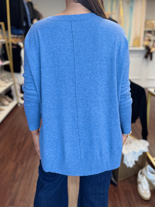 Azzurro sweater curved hi-lo hem back view