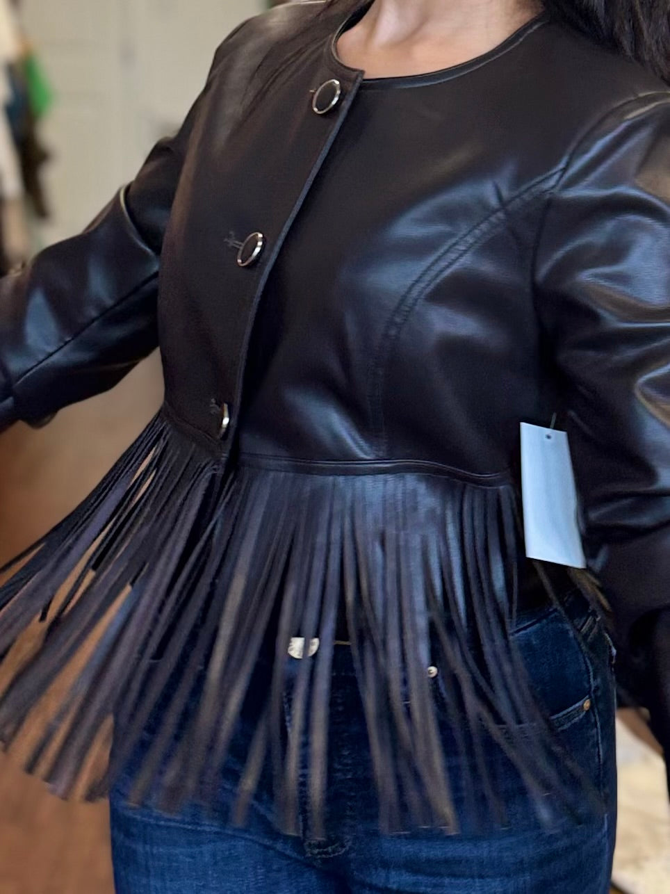 Dark Brown Vegan Leather Fringe Jacket | Cropped Western Button Front