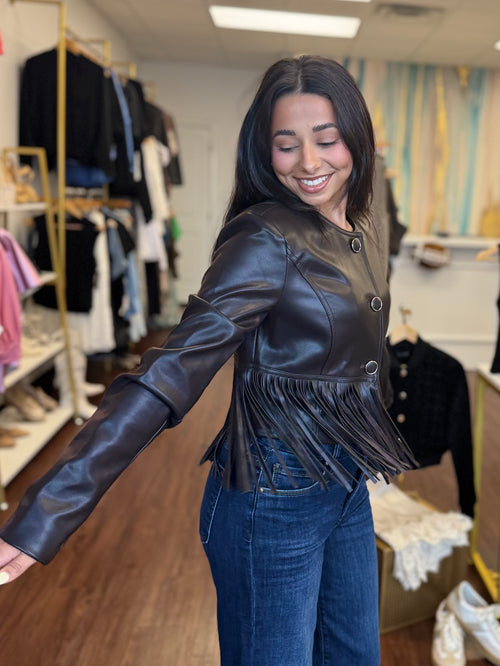 Dark Brown Vegan Leather Fringe Jacket | Cropped Western Button Front