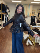 Dark Brown Vegan Leather Fringe Jacket | Cropped Western Button Front