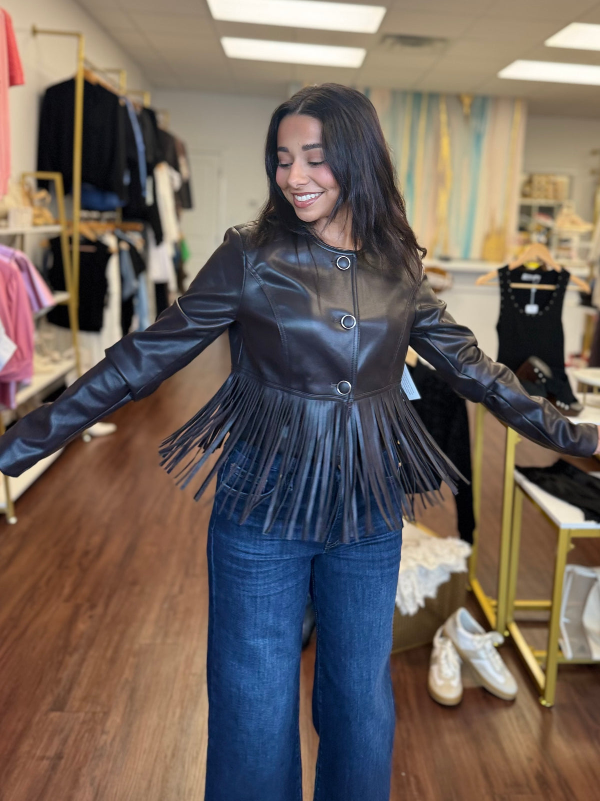 Dark Brown Vegan Leather Fringe Jacket | Cropped Western Button Front