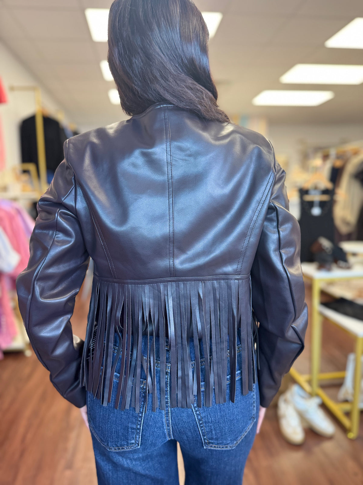 Dark Brown Vegan Leather Fringe Jacket | Cropped Western Button Front