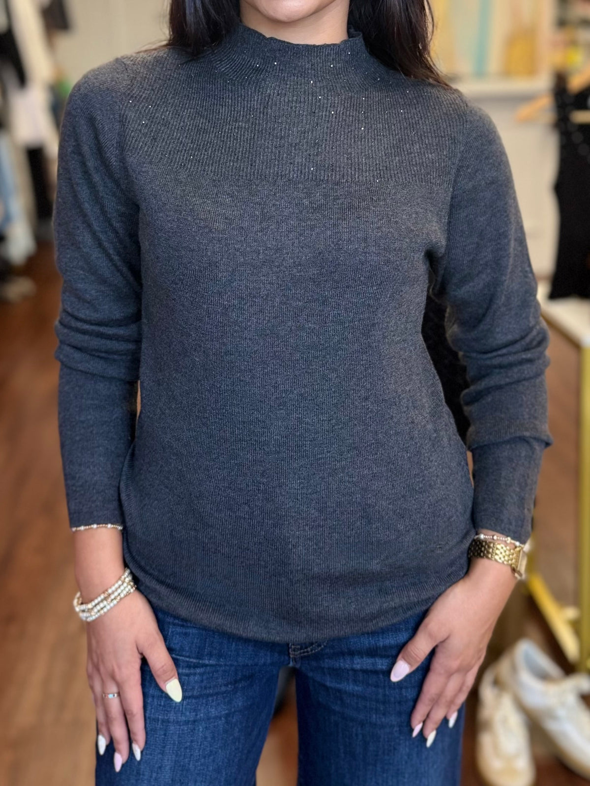 Long Sleeve Knit Top With Rhinestone Detail