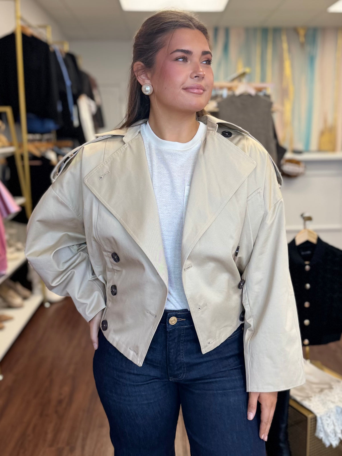 Cropped Trench Coat | Structured Double Breasted Belted Short Jacket