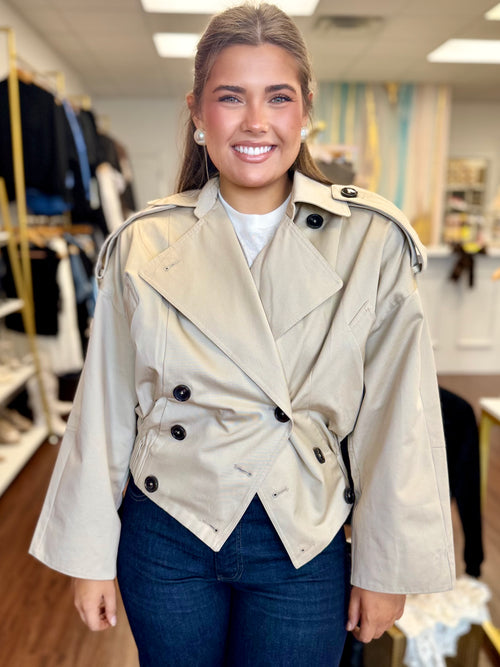 Cropped Trench Coat | Structured Double Breasted Belted Short Jacket