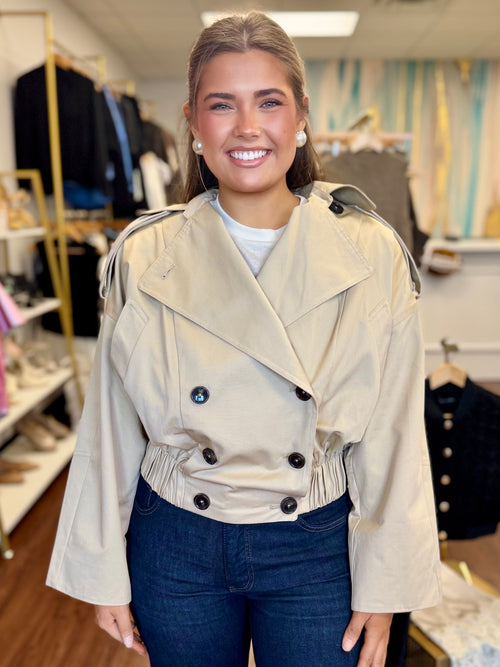 Cropped Trench Coat | Structured Double Breasted Belted Short Jacket