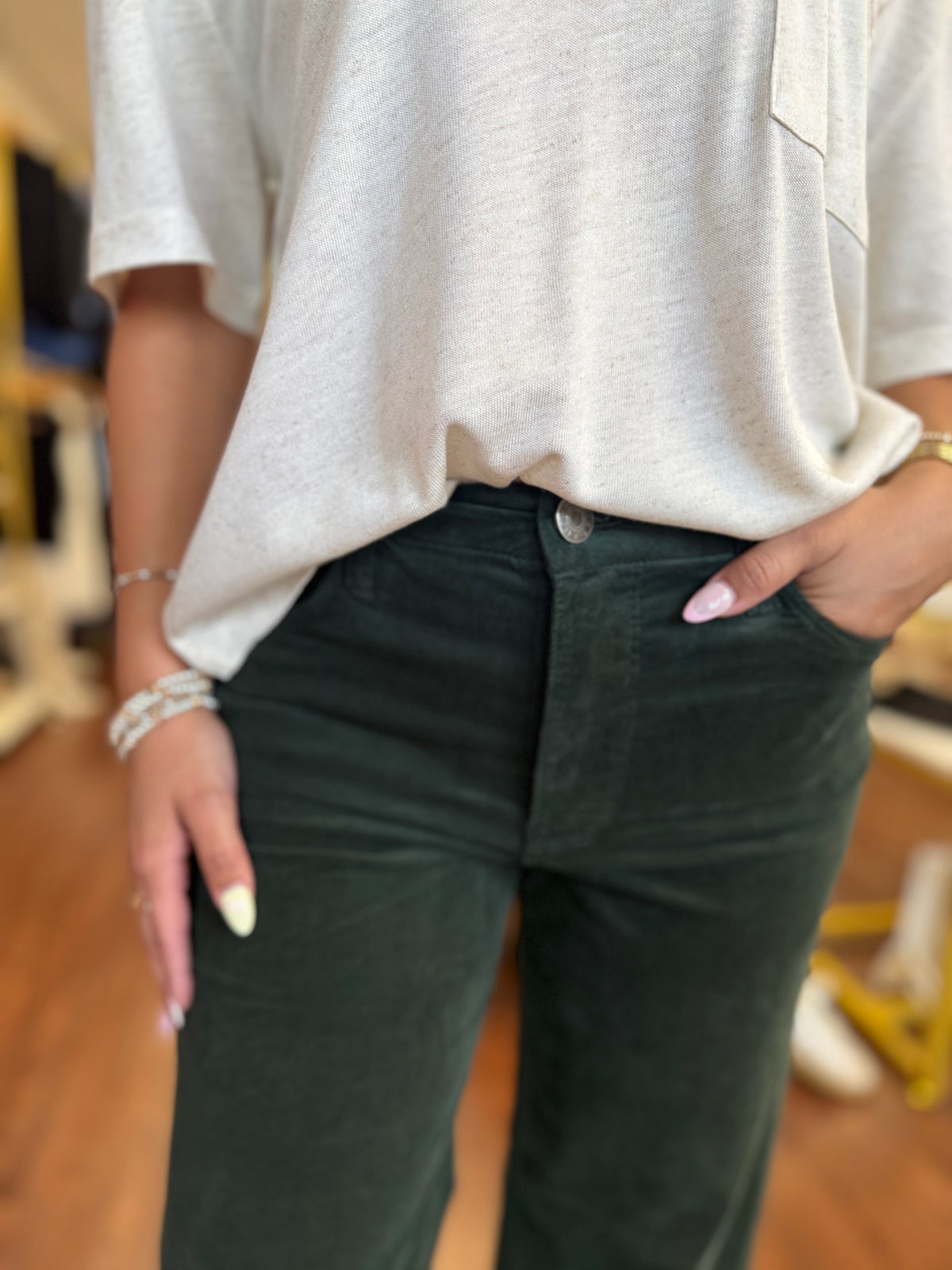 Meg HR Fab AB Wide Leg Corduroy- Evergreen