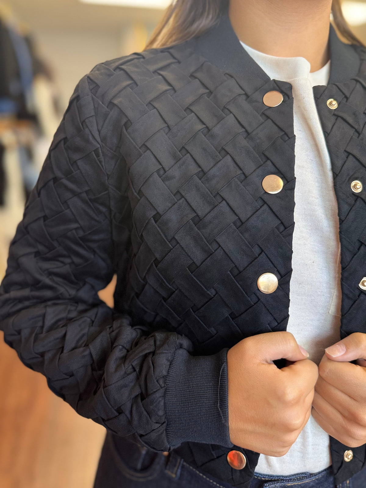 Black Faux Suede Braided Bomber Jacket | Cropped Woven Snap Front Jacket