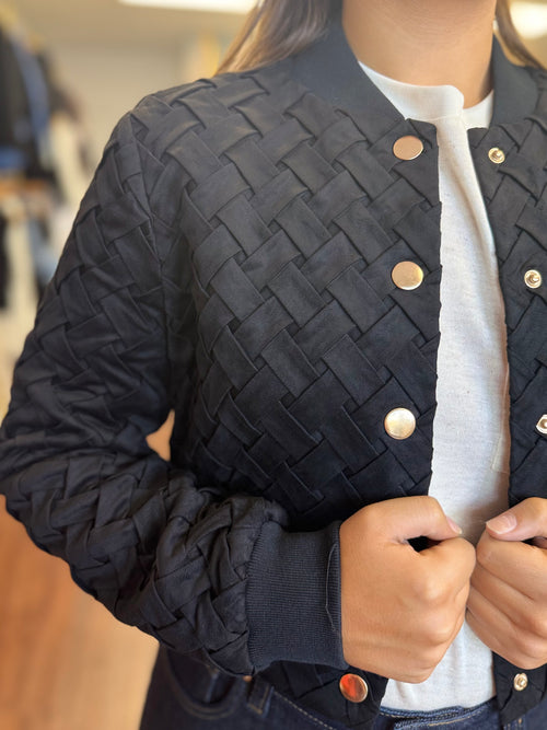 Black Faux Suede Braided Bomber Jacket | Cropped Woven Snap Front Jacket