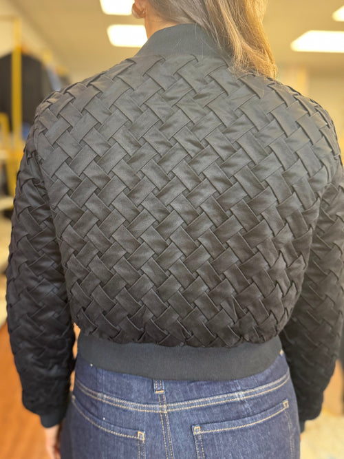 Black Faux Suede Braided Bomber Jacket | Cropped Woven Snap Front Jacket