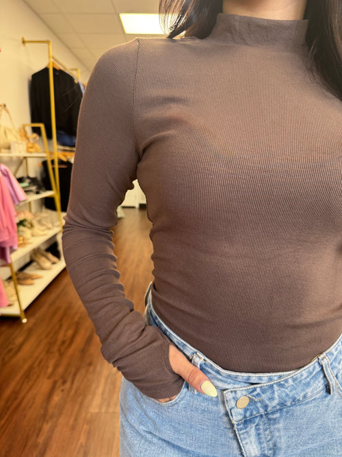 Ronan Mock Neck Ribbed Long Sleeve Top in Brown | Fitted Layering Top