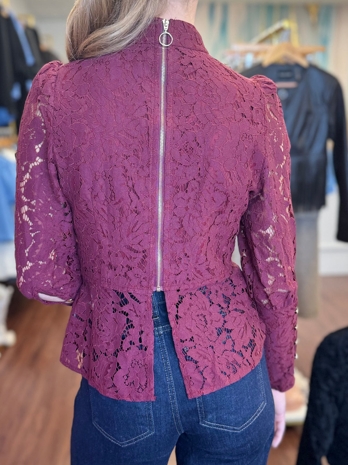 Long Sleeve Lace Top With Back Zipper