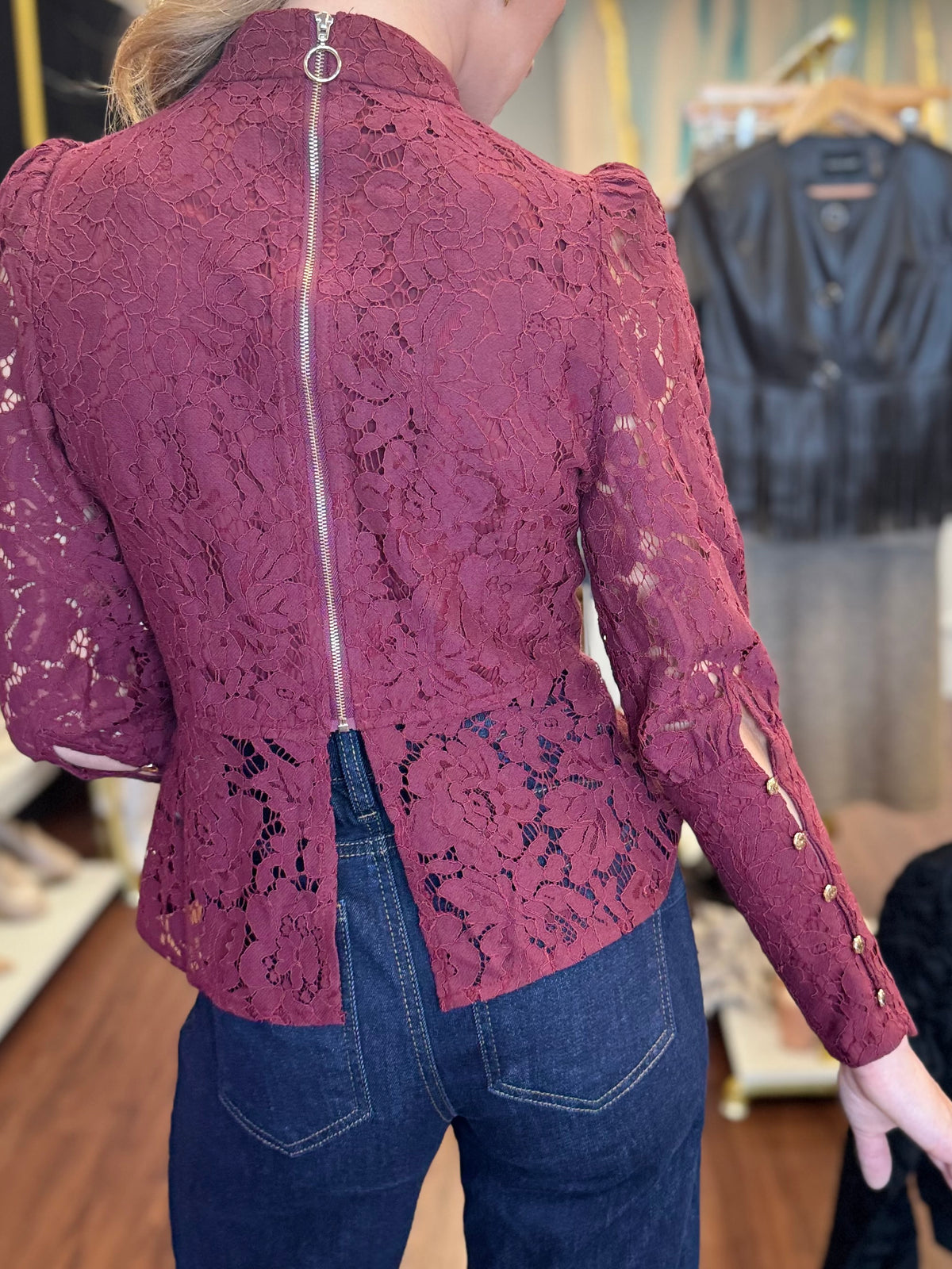 Long Sleeve Lace Top With Back Zipper