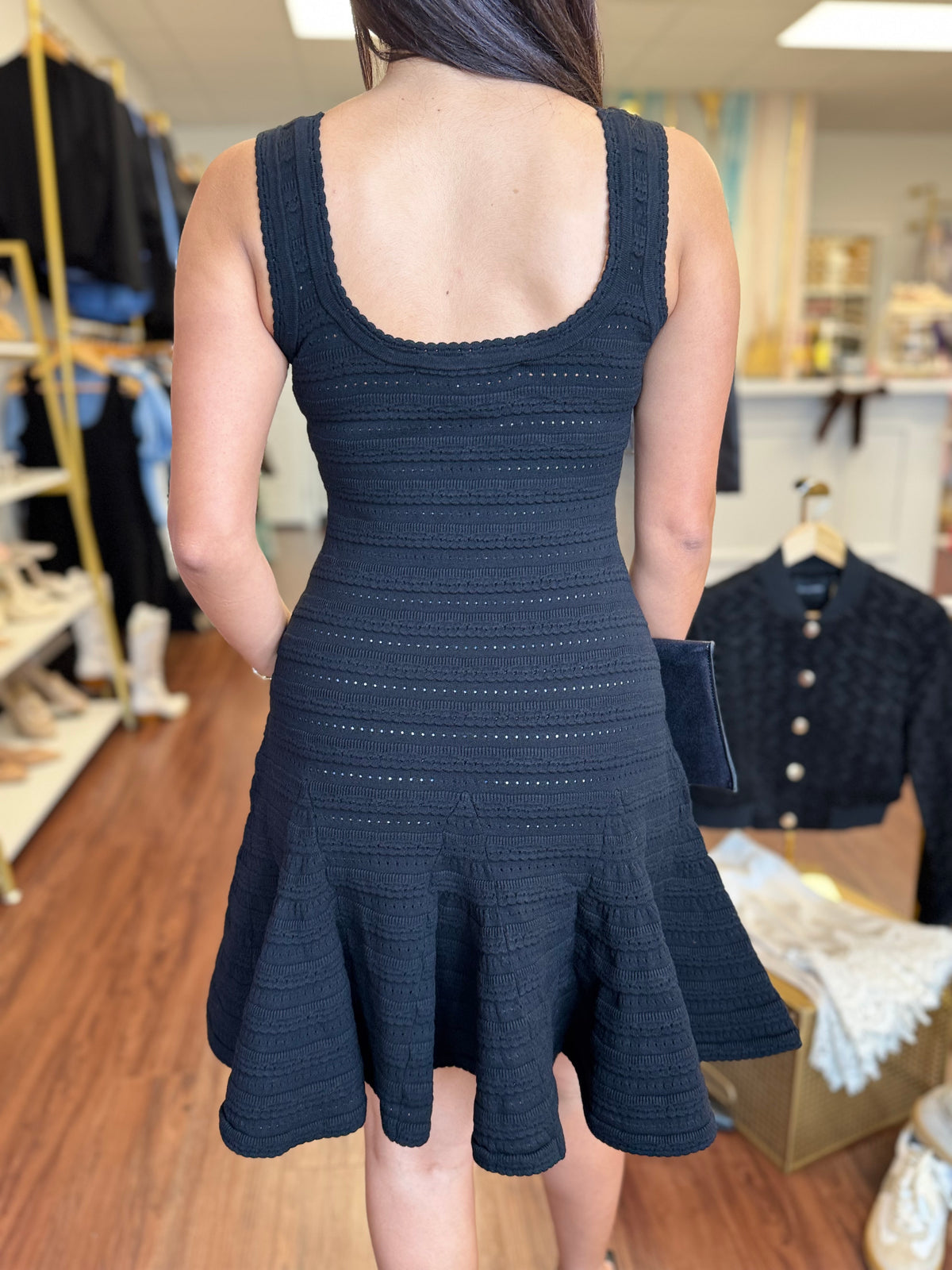 Black pointelle mini dress styled at Adore Boutique