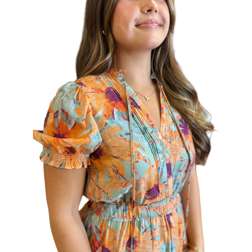 Gretta V Neck Pleated Puff Sleeve Tiered Ruffle Hem Floral Dress