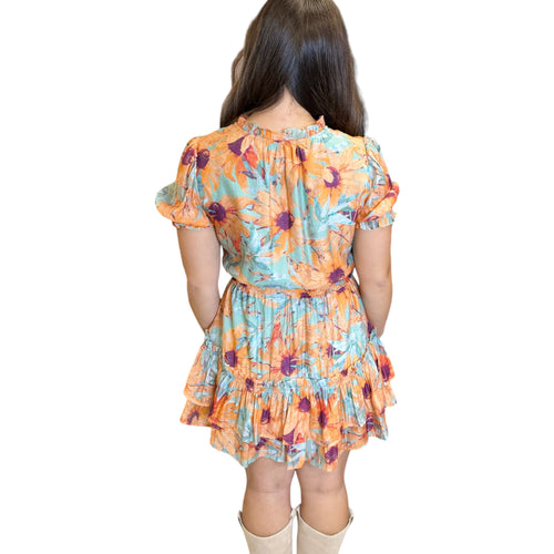 Gretta V Neck Pleated Puff Sleeve Tiered Ruffle Hem Floral Dress