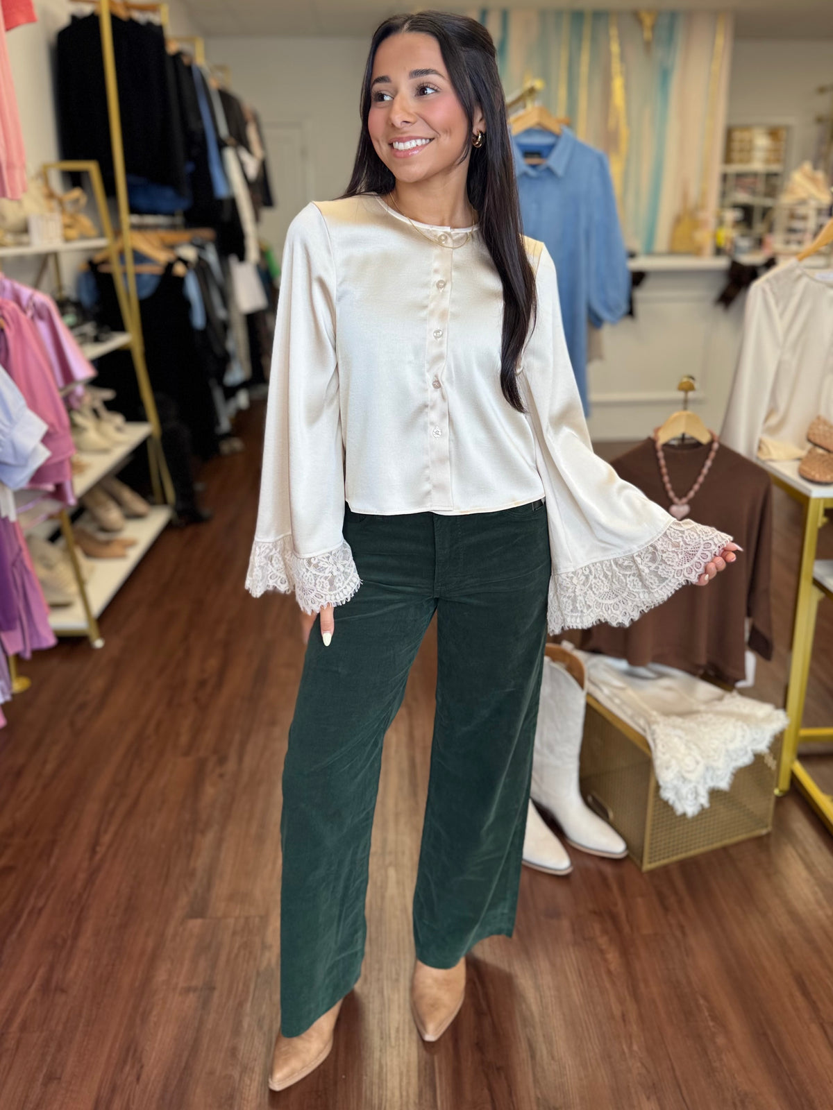 Cream satin button front blouse front view