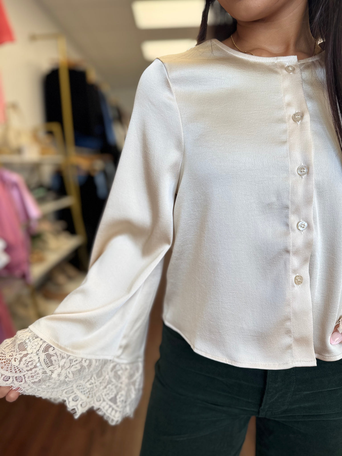 Cream blouse eyelash lace bell sleeve detail