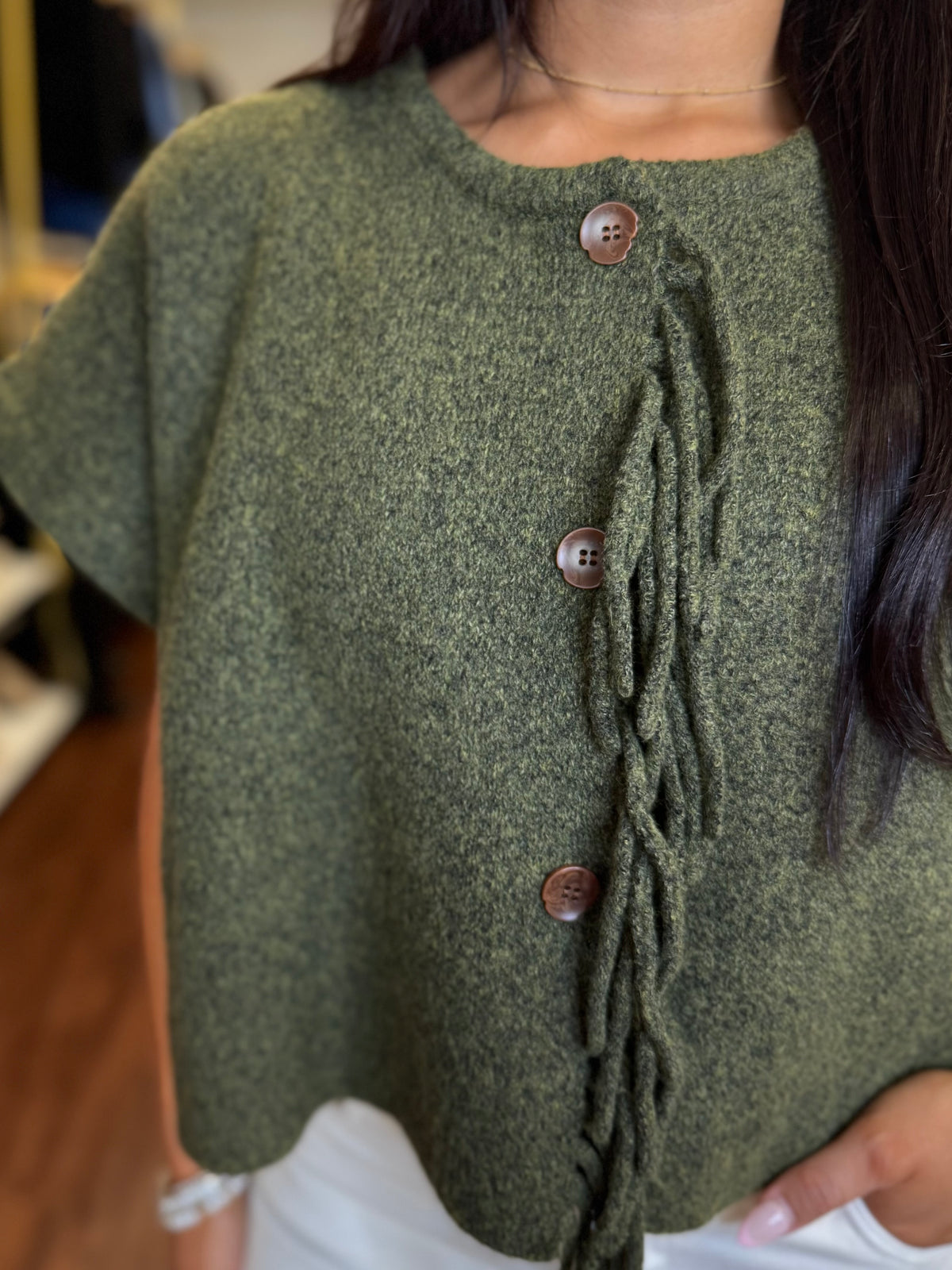 Olive jade cropped sweater vest styled outfit