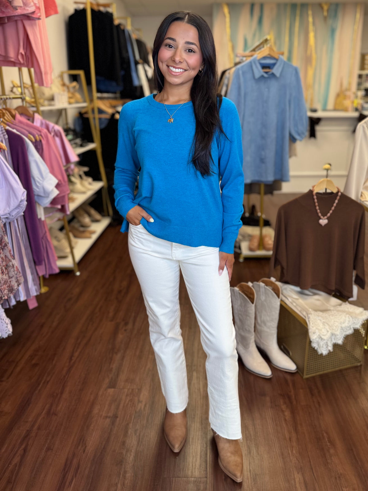 Deluc turquoise sweater styled at Adore Boutique