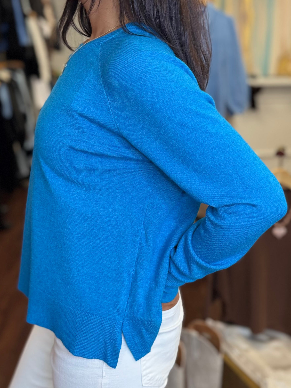 Turquoise soft viscose sweater front view