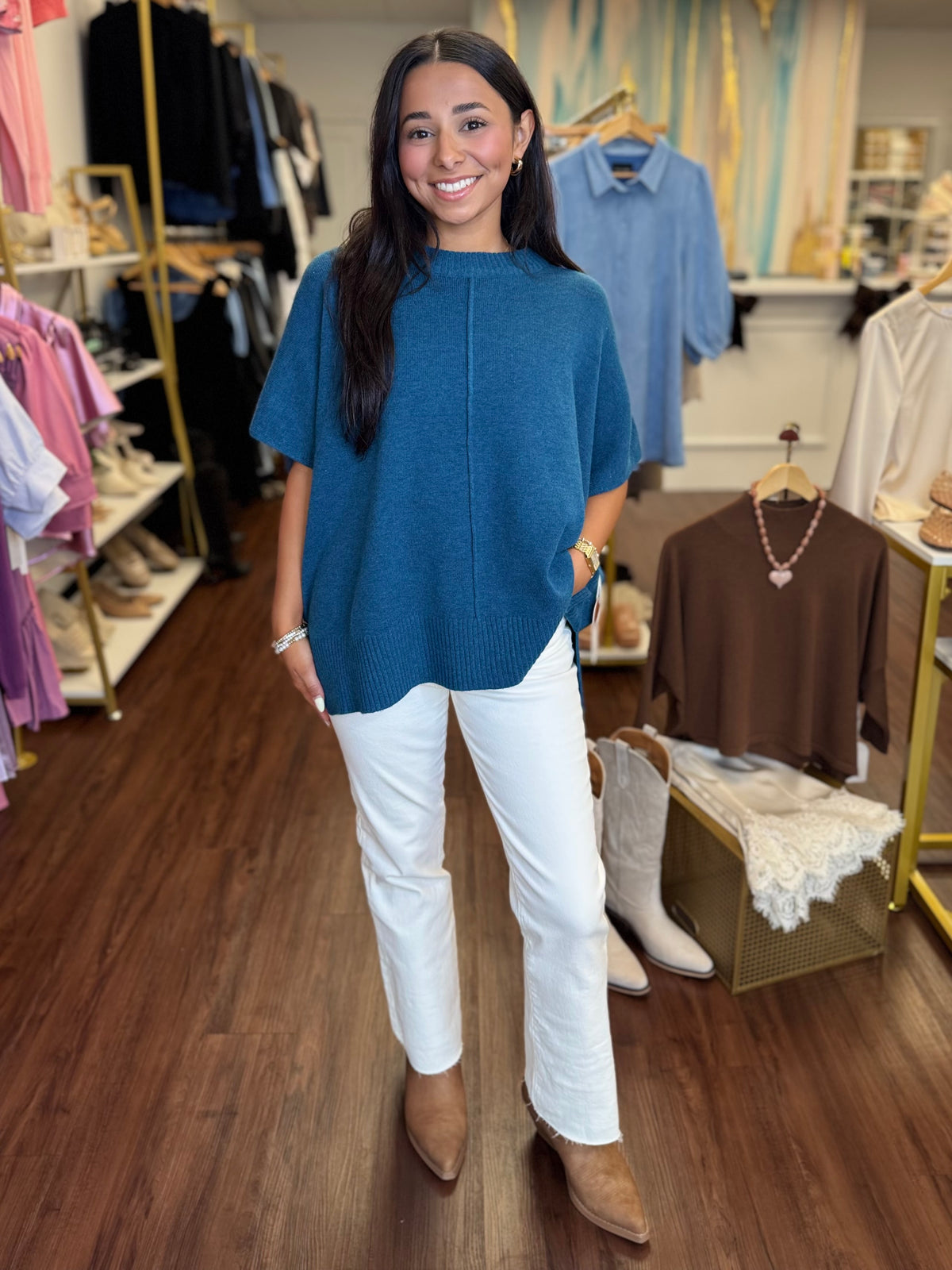 Kerisma mosaic teal sweater top at Adore Boutique