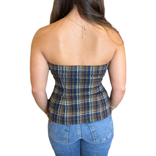 Old Money Fall Plaid Button Front Strapless Bustier Top