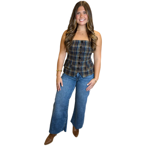 Old Money Fall Plaid Button Front Strapless Bustier Top