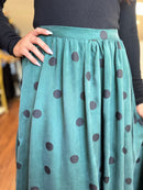 Teal polka dot midi skirt back view