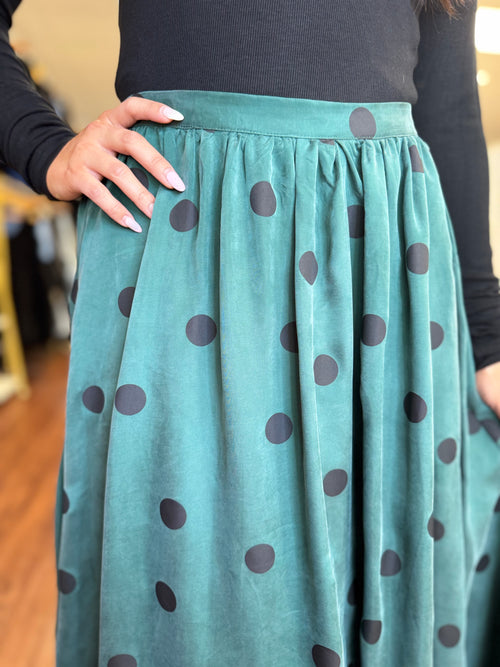 Teal polka dot midi skirt back view