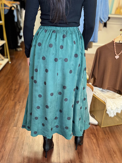 Sadie & Sage teal polka dot skirt styled at Adore Boutique