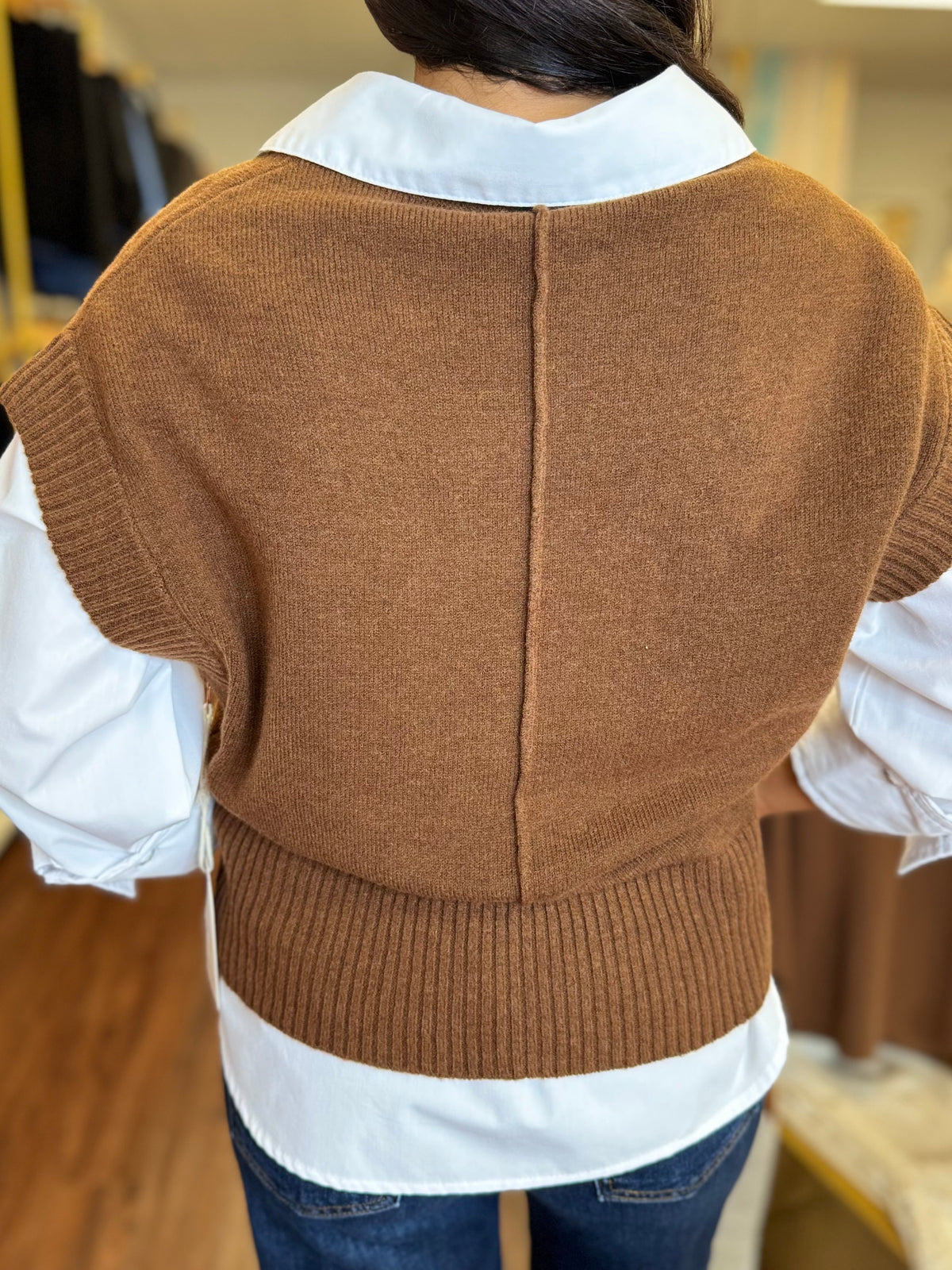 Kerisma espresso sweater vest styled at Adore Boutique