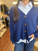 Navy button down cardigan front view