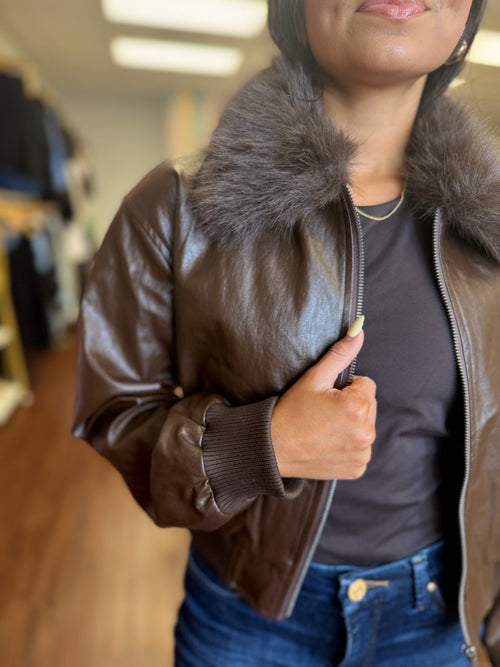 Chocolate faux leather bomber without collar