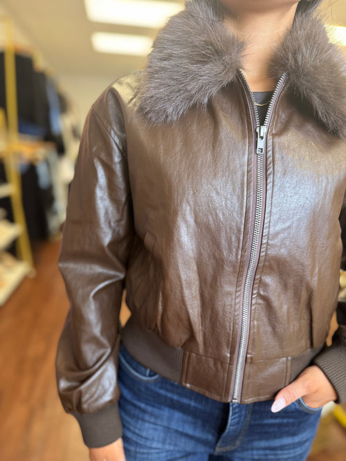 Chocolate faux leather bomber back view