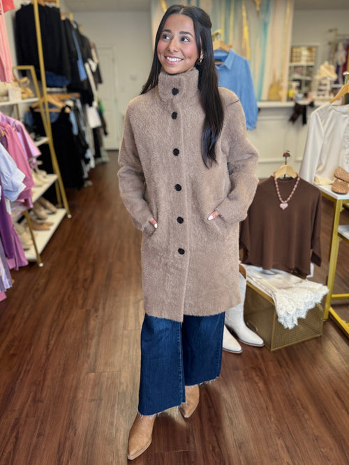 Tan long sweater jacket back view