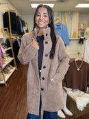 Tan button front long sweater jacket front view