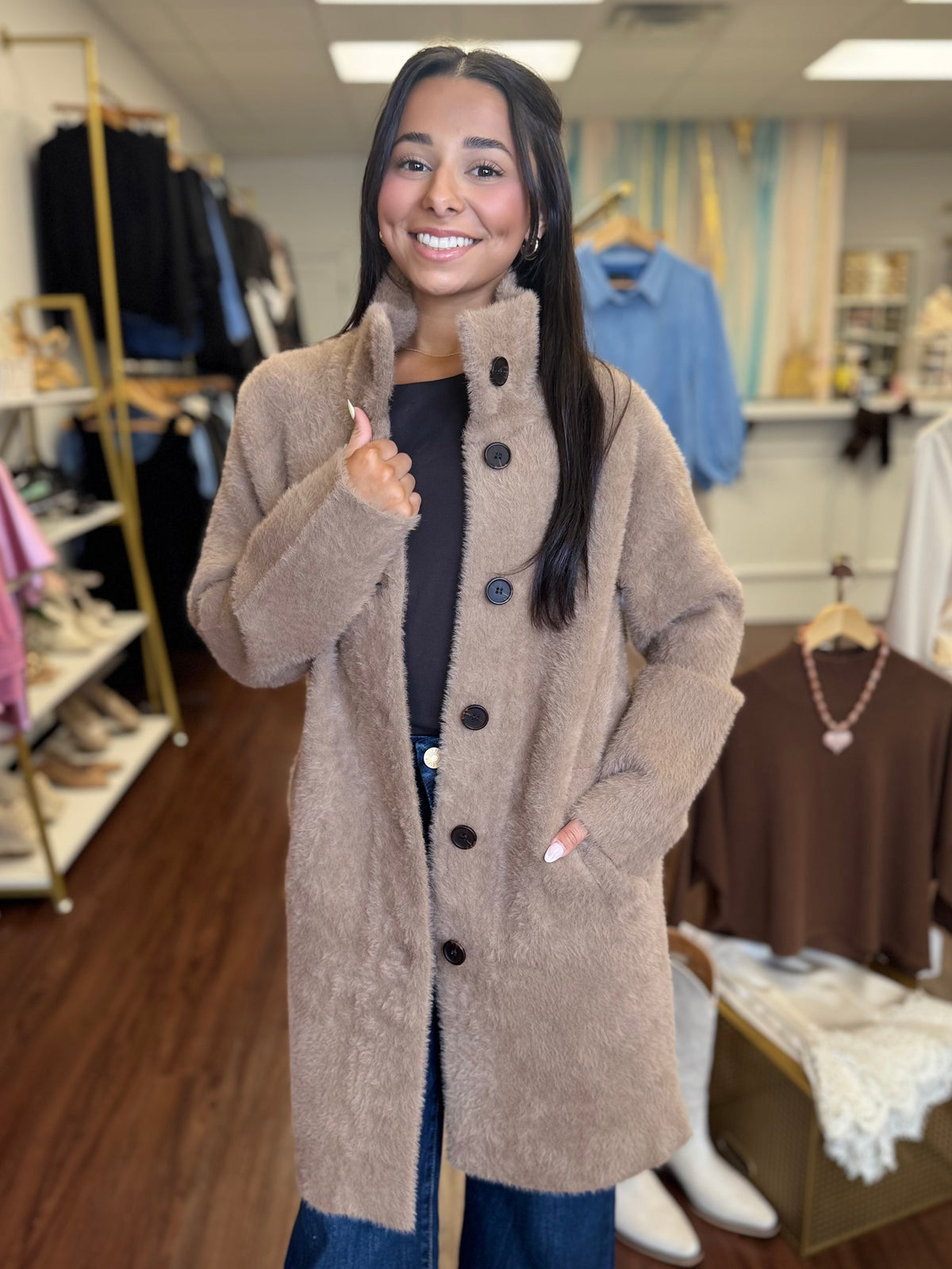 Tan button front long sweater jacket front view